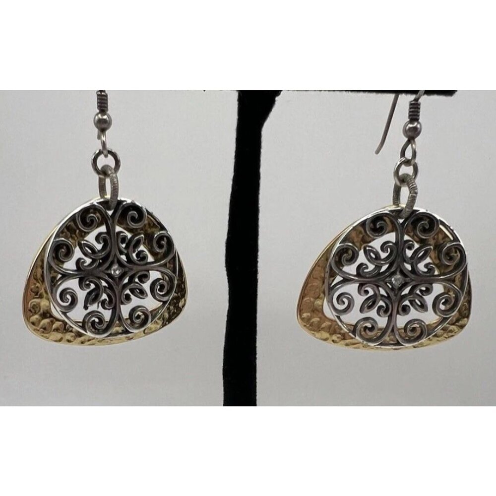 Vintage Brighton Laurel Scroll Mixed Metal Filigree Dangle Earrings Romantic